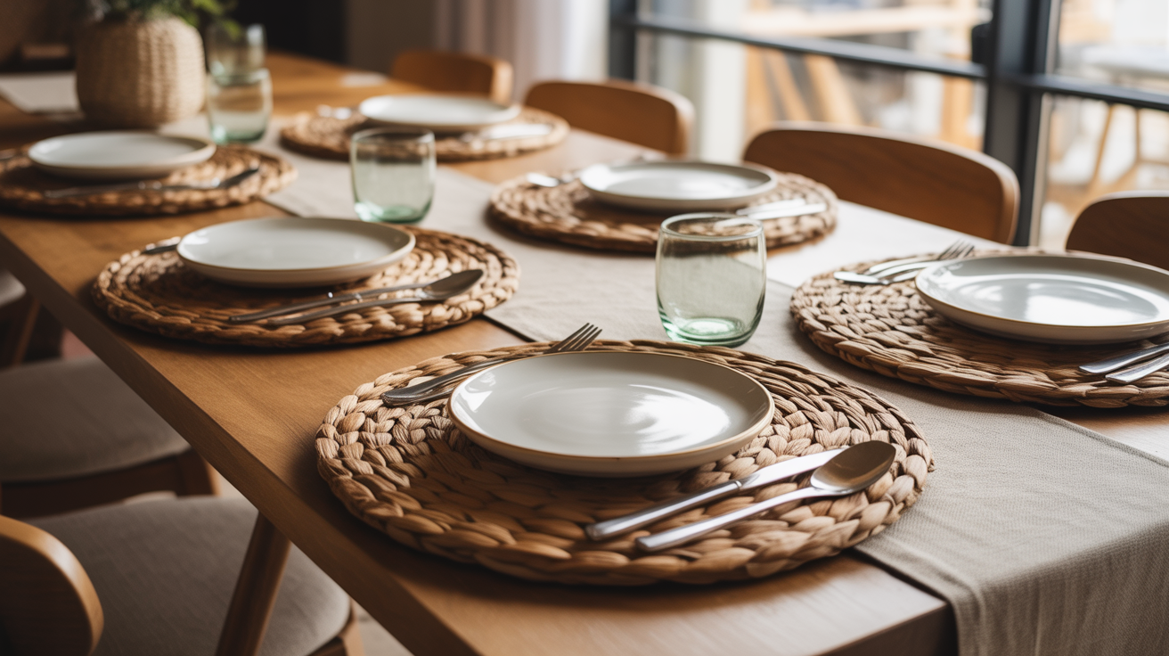 table decor ideas with round woven seagrass placemats white plates silver cutlery and green glassware on a light wood table