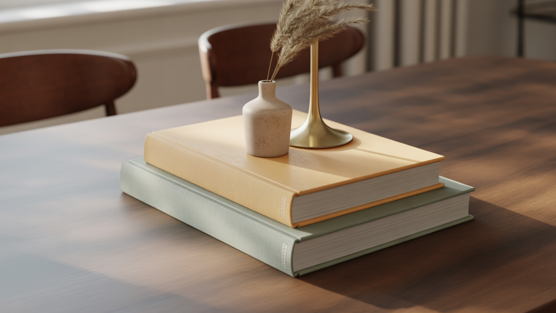 table decor ideas with stacked sage and yellow hardcover books topped with a small stone vase and gold stem holding pampas grass (1)