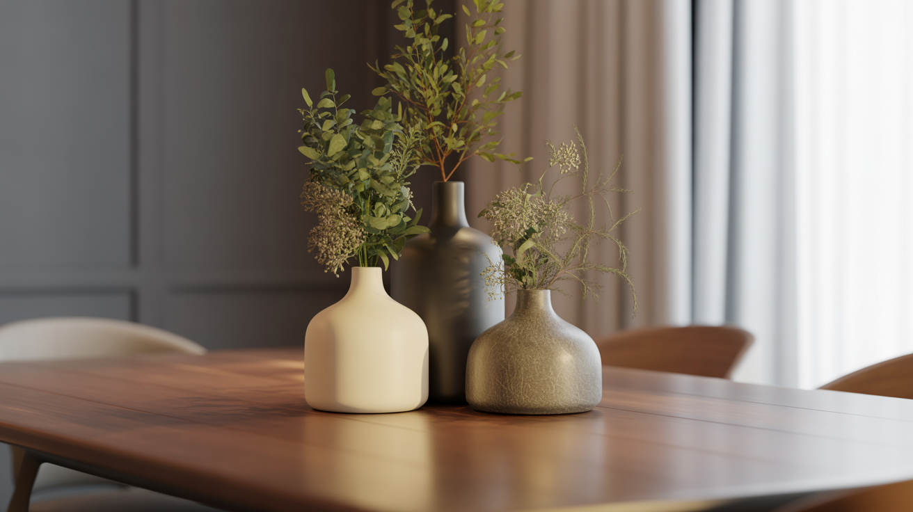table decor ideas with three neutral toned ceramic vases holding eucalyptus and dried stems on a walnut dining table