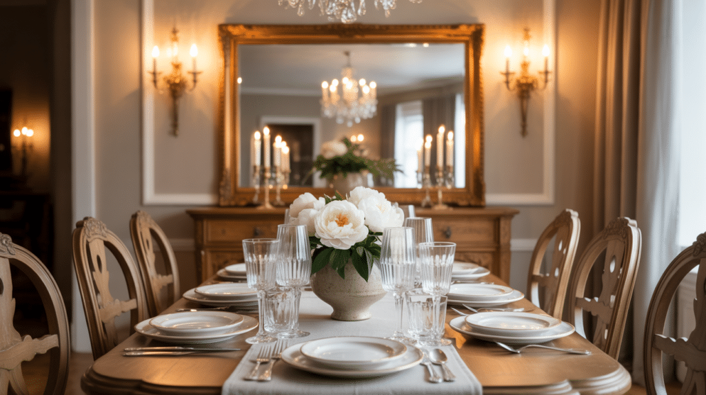 table decor ideas with white peony centerpiece crystal glassware and a gold ornate mirror reflecting warm candlelight in an elegant dining room