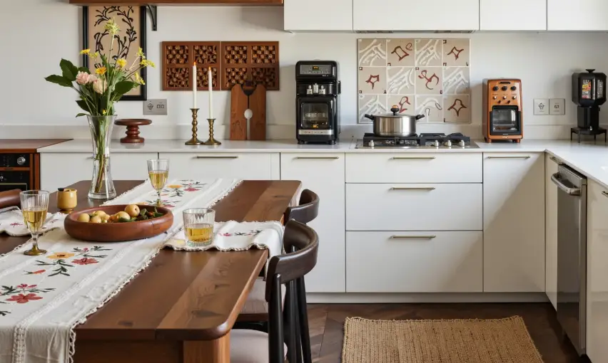 Dining table with floral table runner and fruit bowl in modern kitchen setting