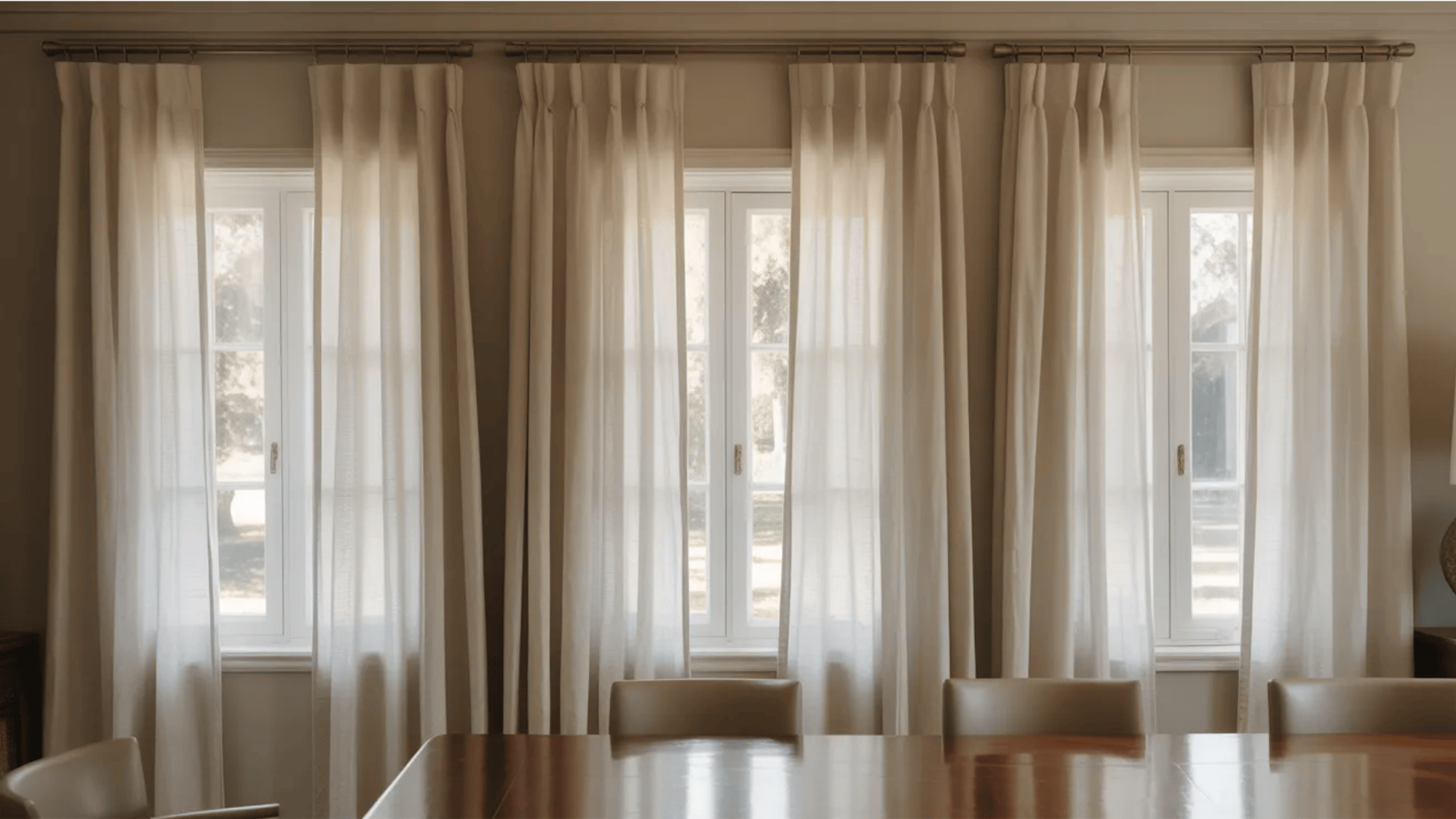 tall windows with sheer curtains allowing daylight to softly illuminate a peaceful transitional dining room interior
