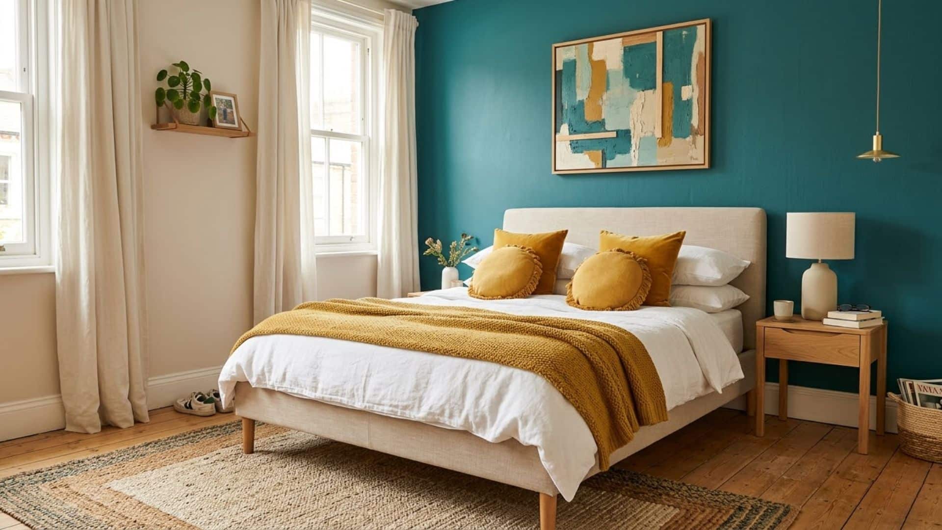 teal accent wall bedroom with mustard pillows modern wood furniture vibrant stylish bedroom