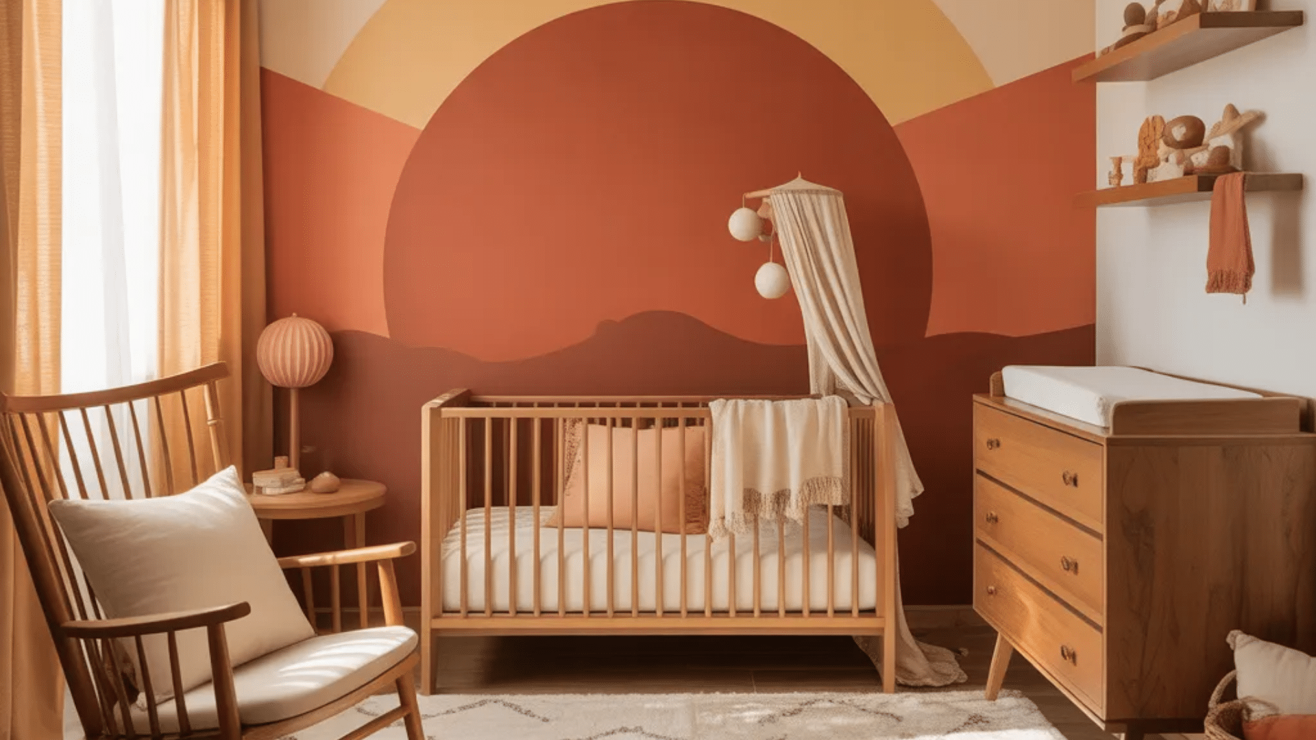 terracotta sunset nursery ideas with warm mural wooden crib cozy textures