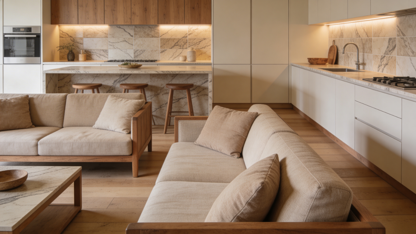 texture repetition with fabric sofa rugs and small kitchen