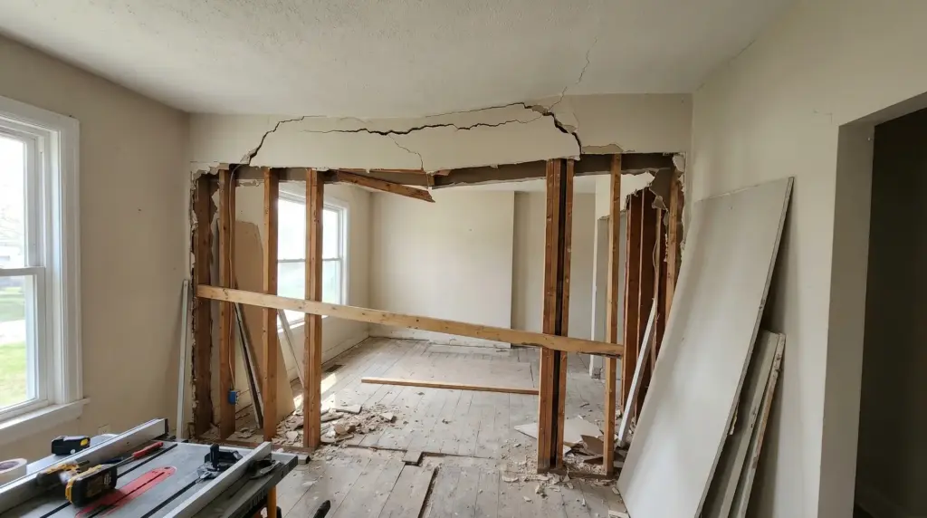 Interior home damage caused by removing a load-bearing wall without proper structural support.