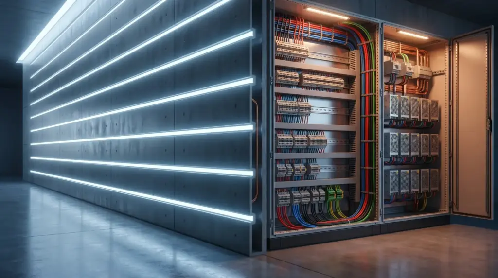 Open server rack with colorful cables in a brightly lit, futuristic data center