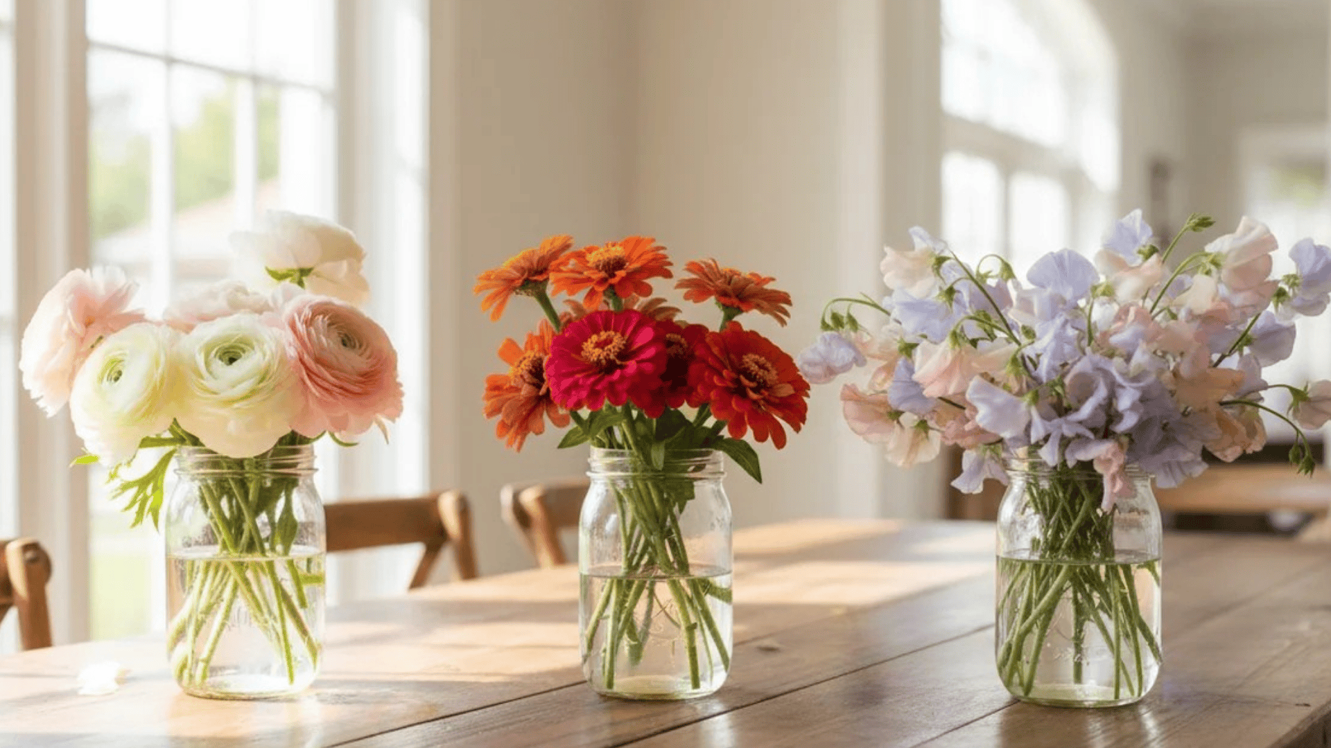 three glass jars with colorful flower bouquets placed on wooden table near bright window in airy room with soft natural light