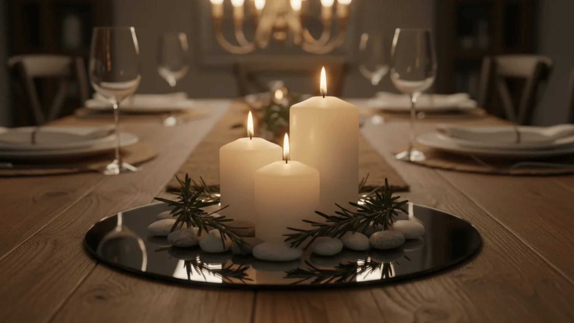 three lit candles on tray with stones and greenery placed on dining table set with glasses and plates in warm ambient light