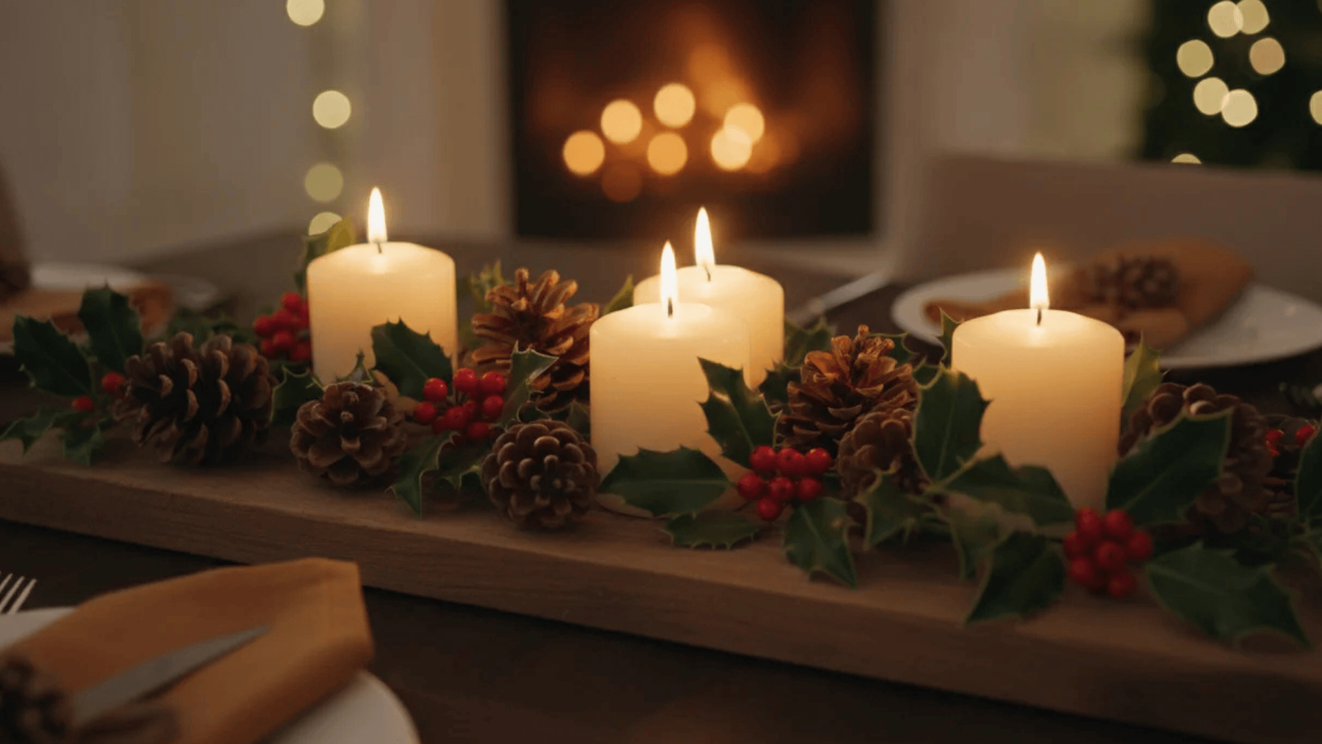 three lit candles with pinecones and holly on wooden tray in cozy room