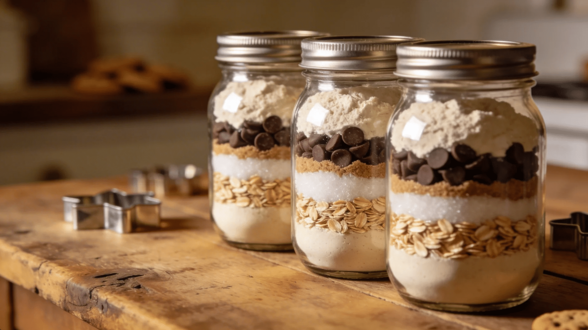 three mason jars filled with layered dry baking ingredients like oats sugar and chocolate chips arranged on a wooden surface for favorite things party gift ideas