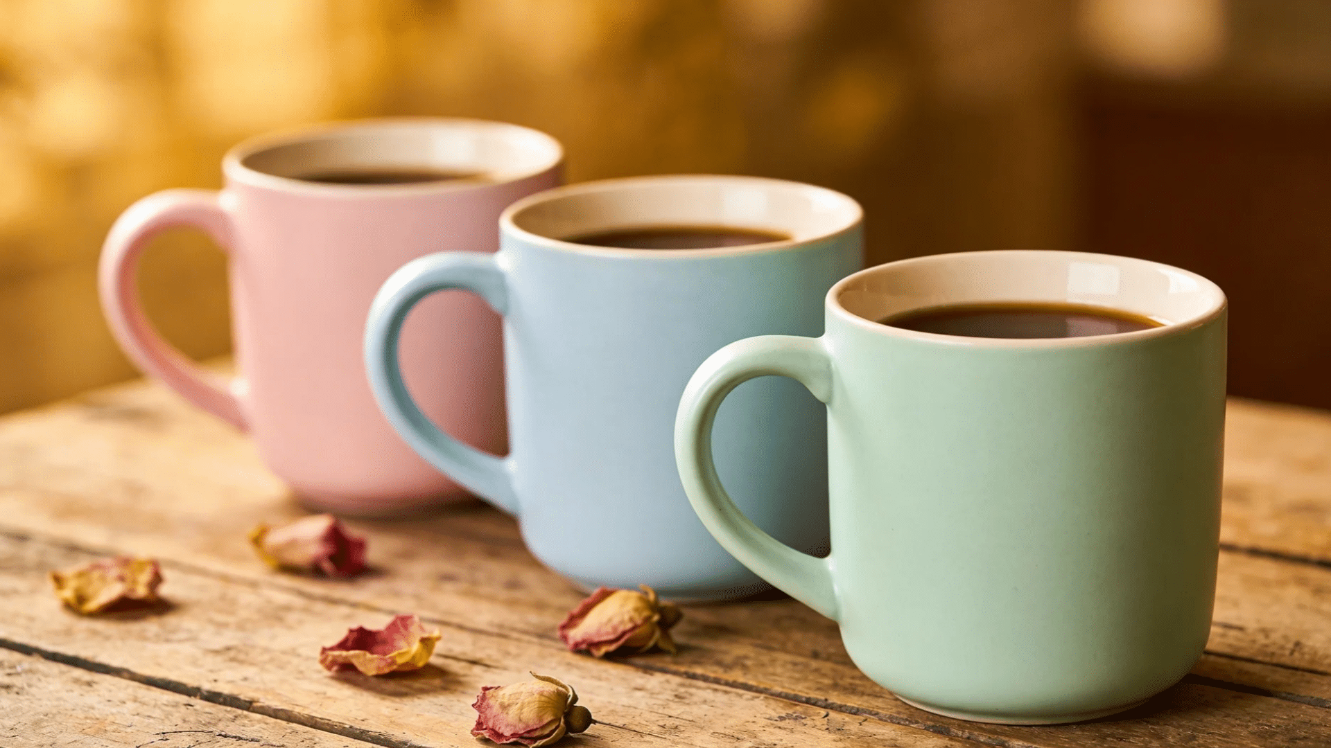three pastel colored mugs filled with coffee placed on a wooden table with soft lighting for favorite things party gift ideas