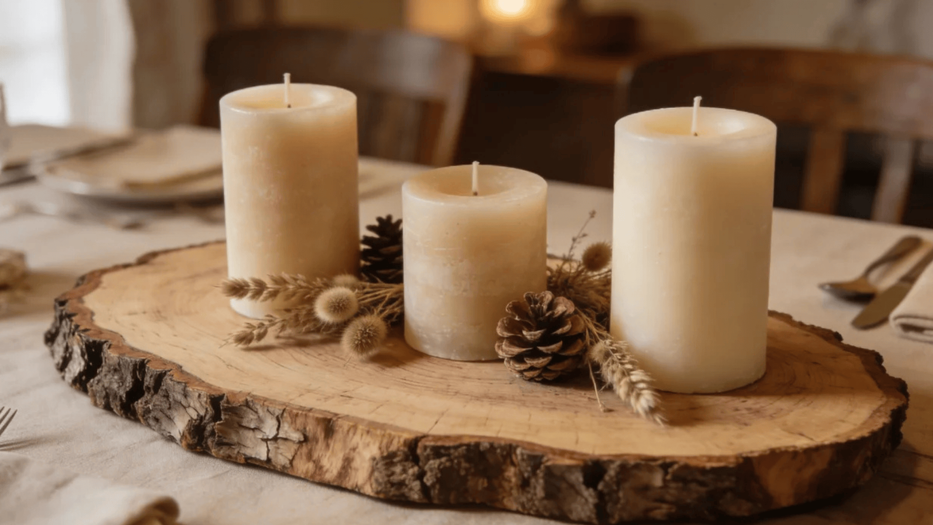 three pillar candles on wooden slab with pinecones and dried plants in warm rustic dining setting