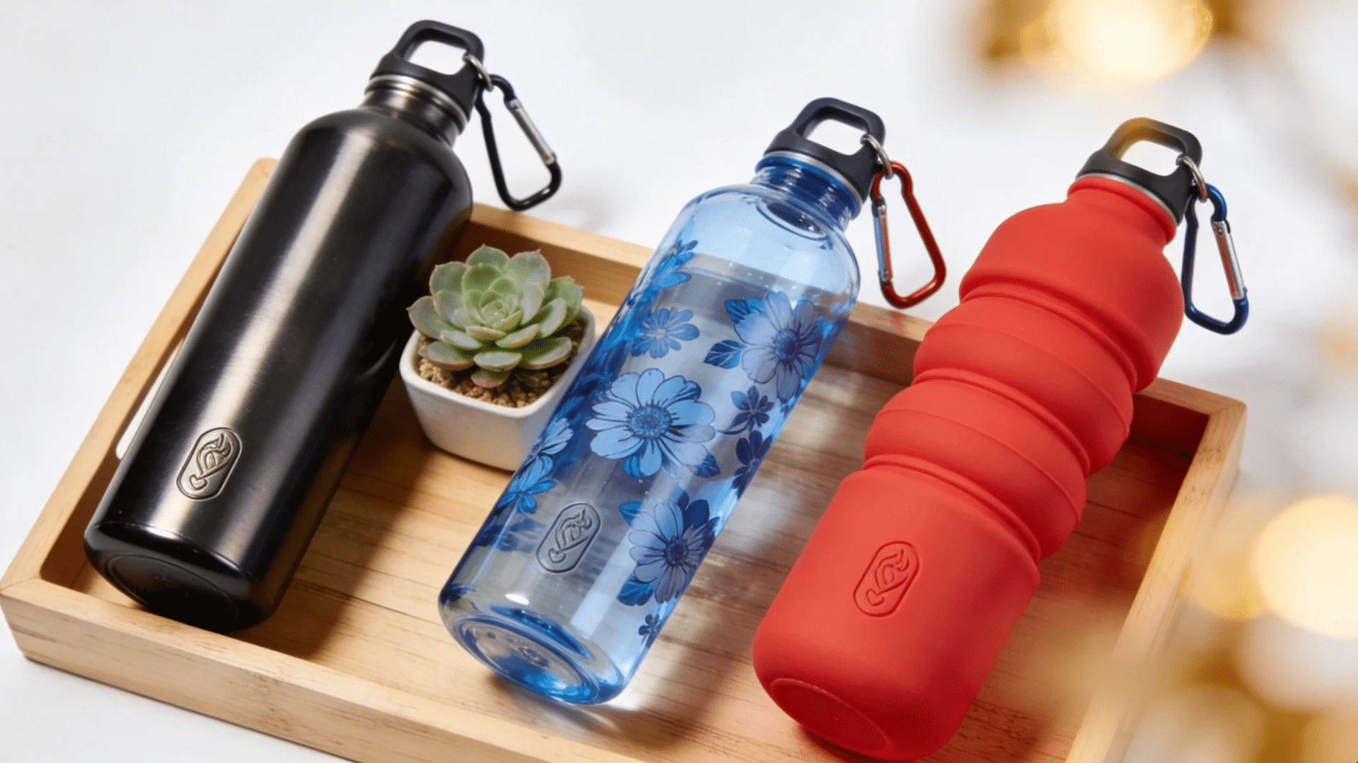 three reusable water bottles in different colors and styles arranged on a tray for favorite things party gift ideas
