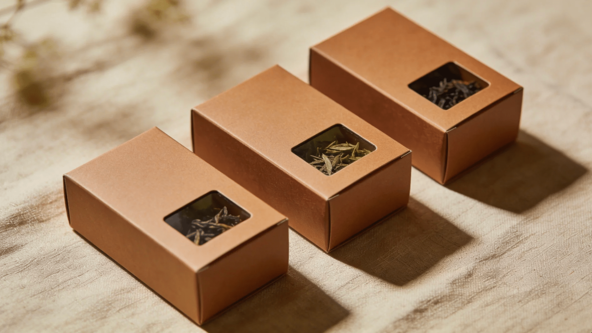 three small gift boxes with windows showing loose leaf tea arranged on a surface for favorite things party gift ideas