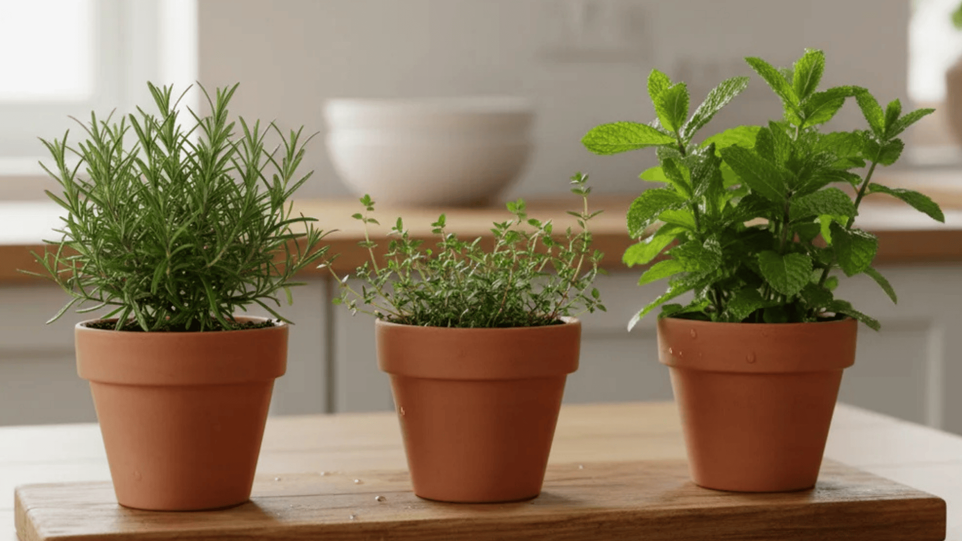 three small potted herbs on wooden board placed on table in bright kitchen with soft natural light from window