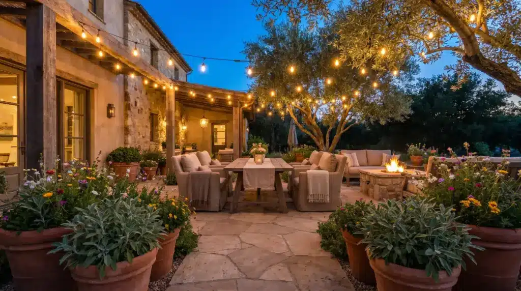 Outdoor patio with seating, string lights, and fire pit in a garden setting at dusk