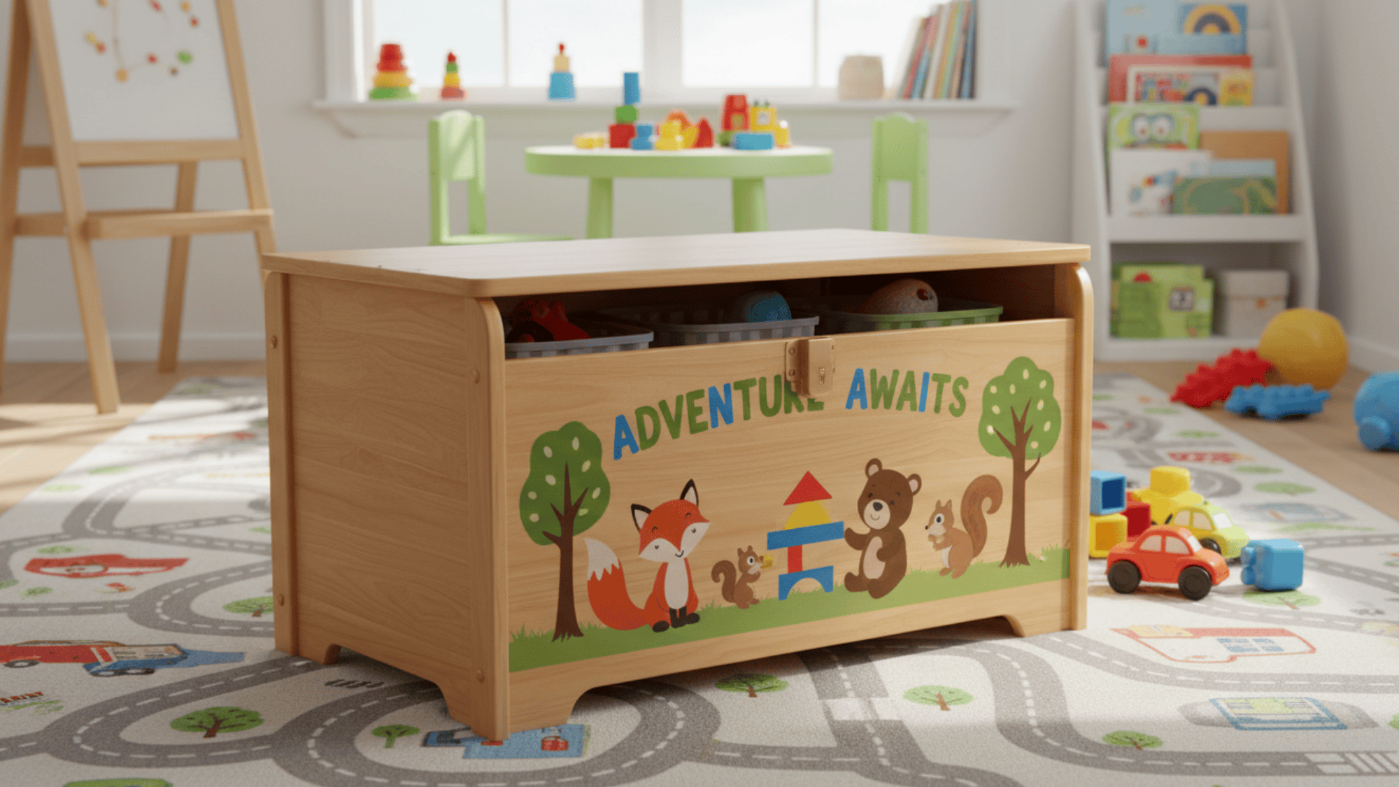toy chest with lid for kids toys blocks and books in neat and safe playroom storage setup