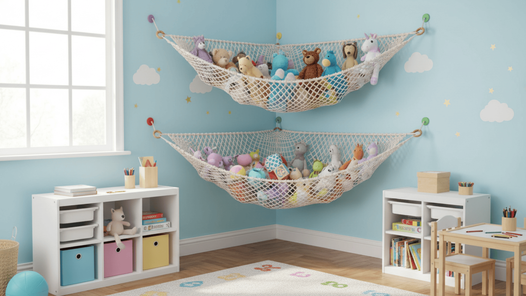 toy hammocks on wall holding stuffed toys for kids room in neat and space saving playroom storage ideas setup