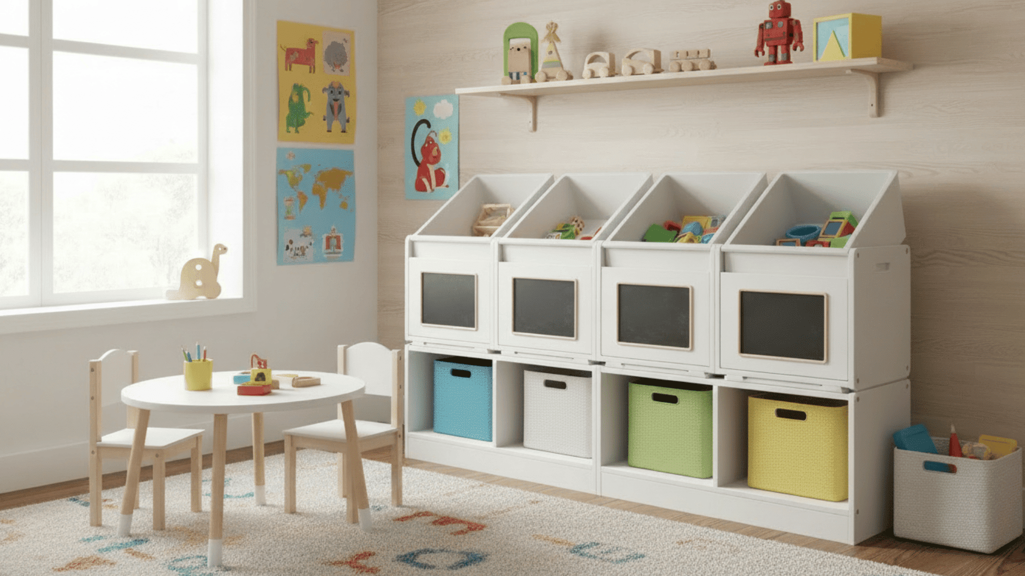 toy rotation bins for kids toys books and art supplies in organized playroom setup