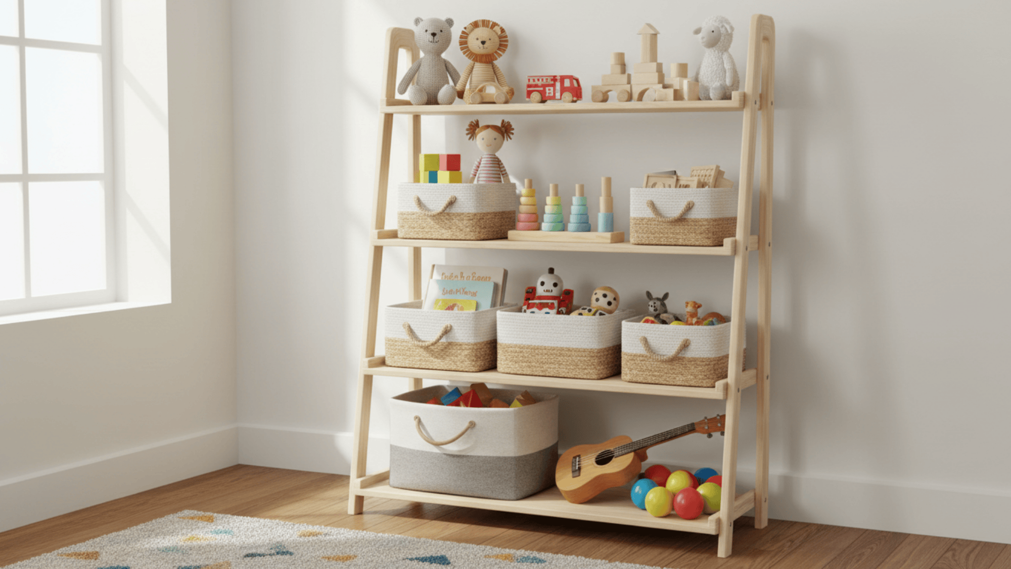 toy storage ladder shelves with baskets and toys neatly arranged for easy playroom organization