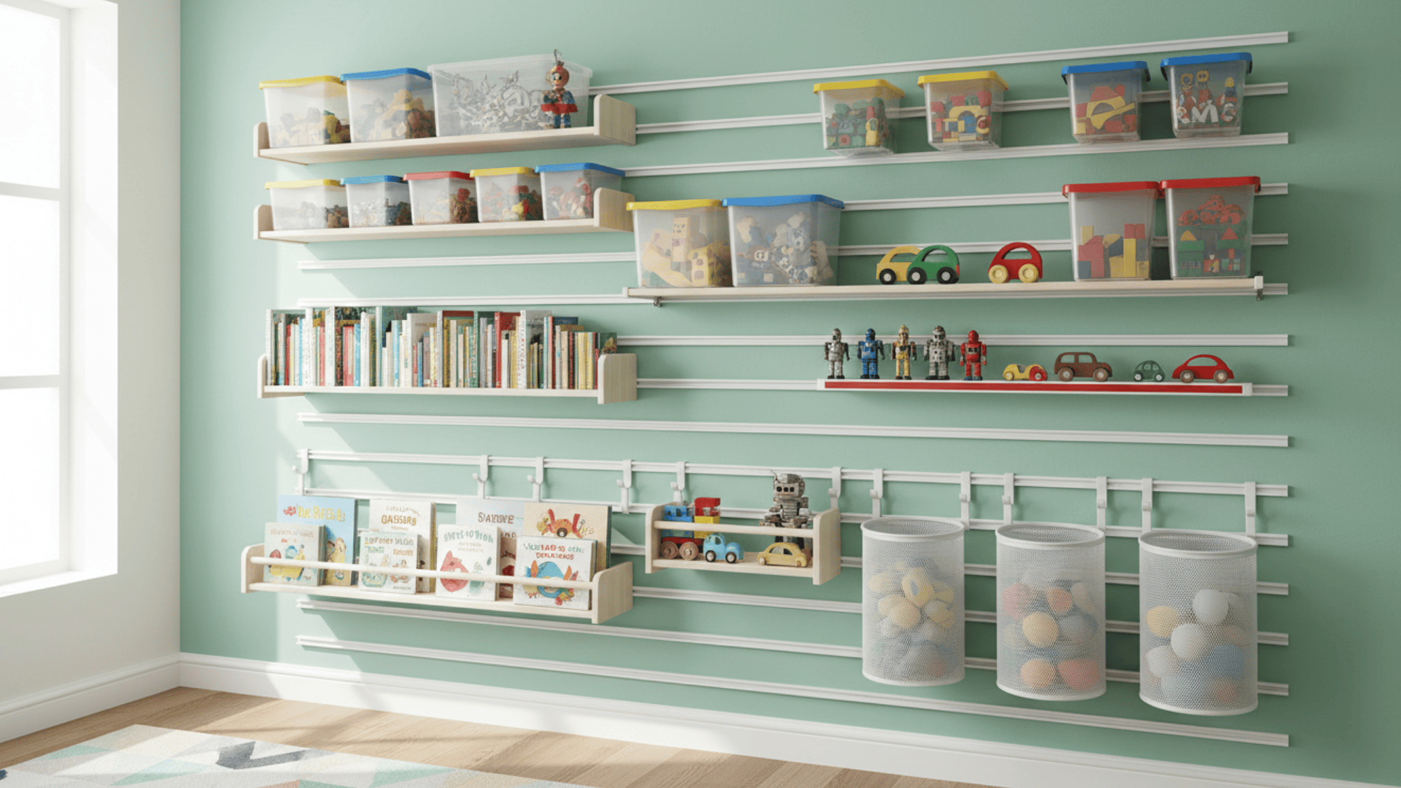 toy storage wall rails with bins shelves and hooks keep toys sorted and easy to reach in playroom