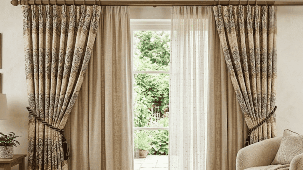 traditional floral curtains framing bright window beside cozy armchair in elegant living room