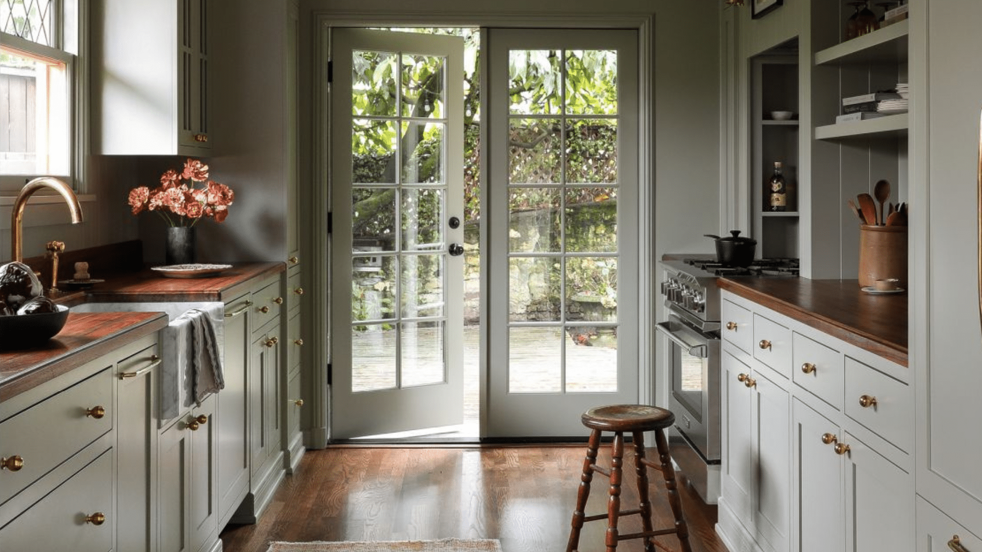 traditional neutral galley kitchen designs with wood countertops