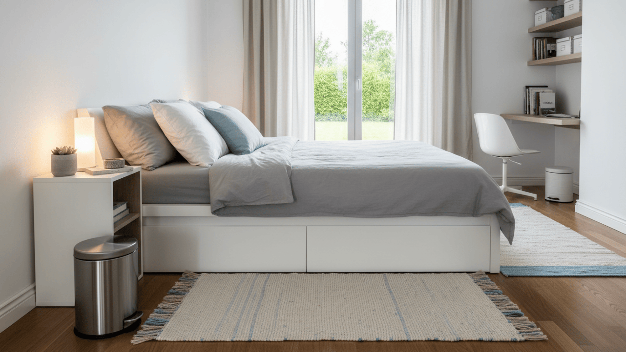 trash bin near bed and nightstand for simple bedroom organization ideas and clean space setup