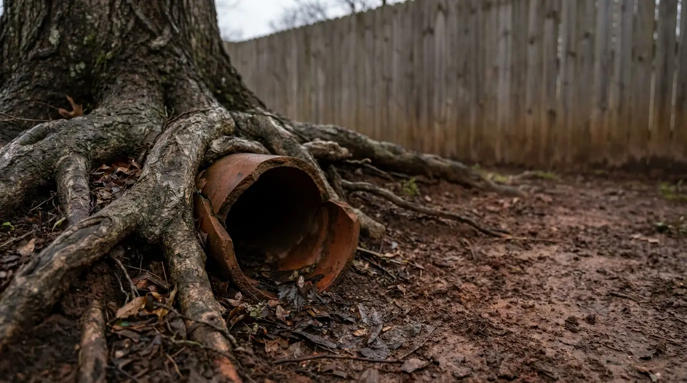 Tree roots growing over broken clay pipe in muddy backyard near wooden fence