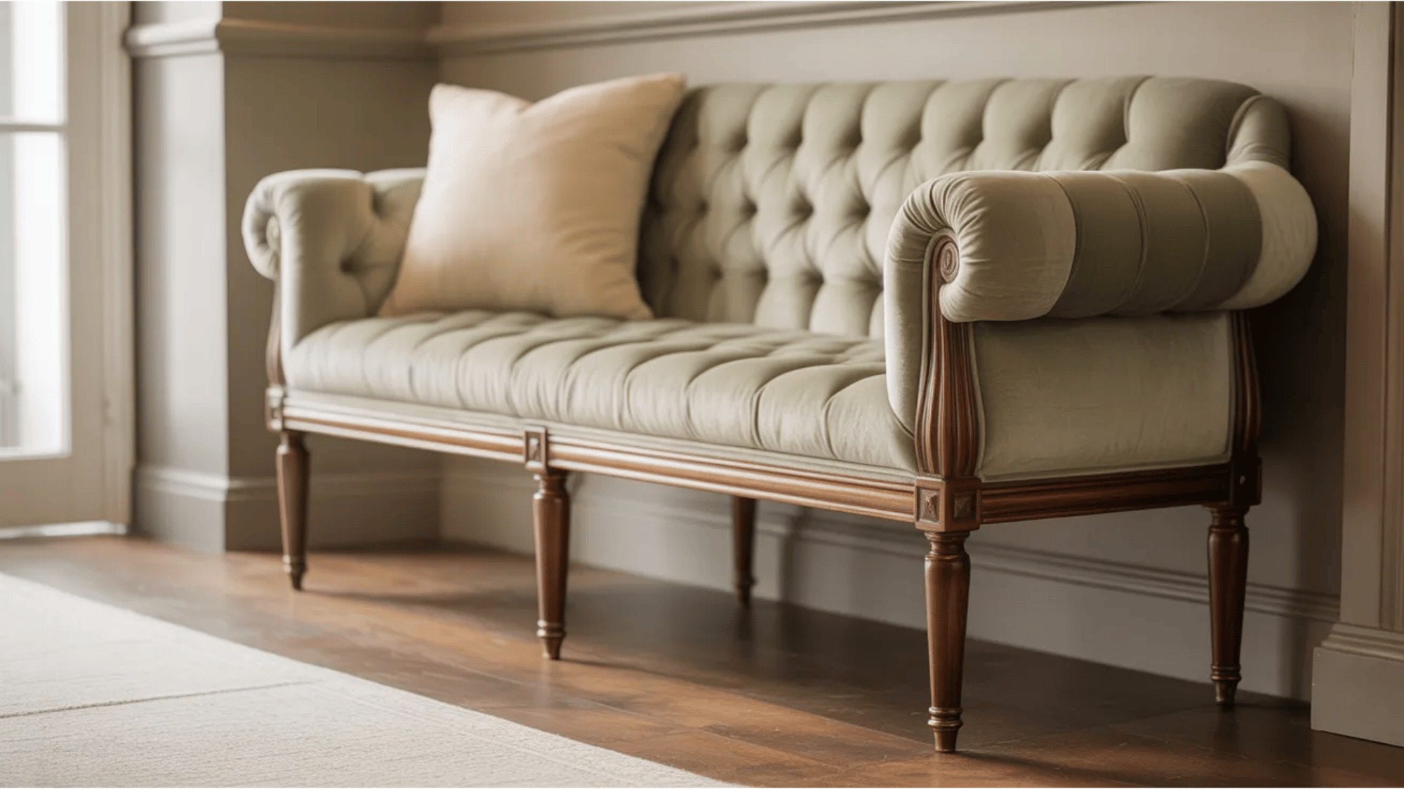 tufted upholstered bench with wooden legs placed against the wall in a cozy transitional dining room seating area