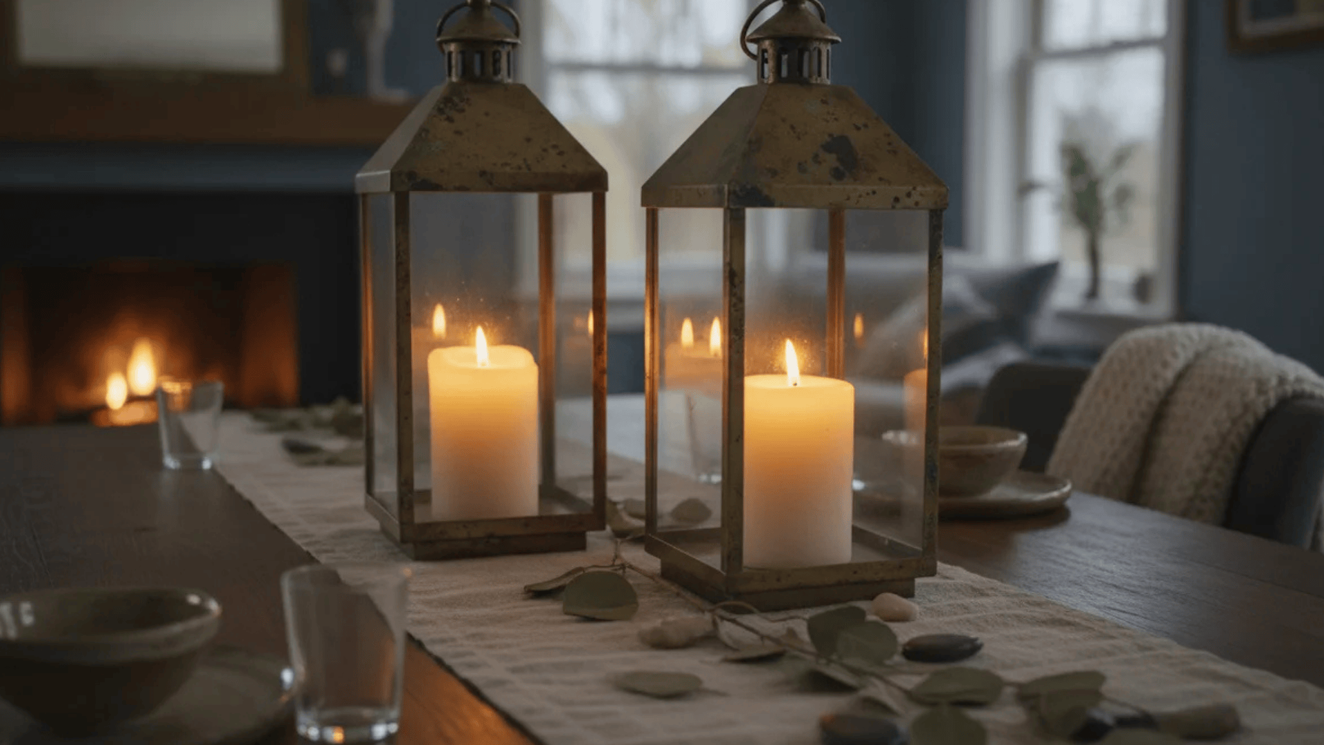 two lanterns with lit candles on table runner with leaves and stones in cozy room with fireplace and soft window light