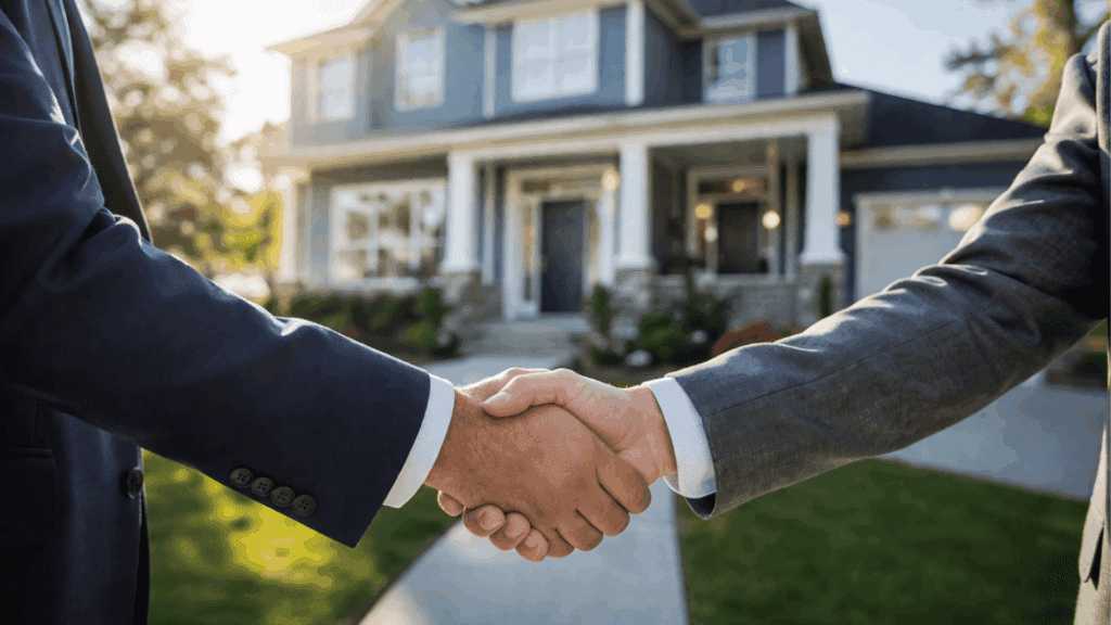 two people in suits shaking hands in front of a suburban house suggesting a real estate deal