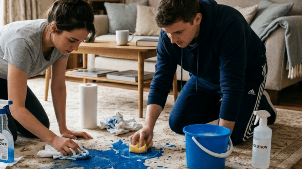 two people kneeling on a living room carpet cleaning a bright blue spill with paper towels and spray bottles