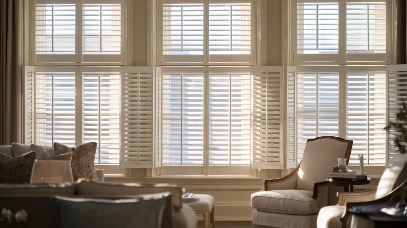 types of window coverings shown as classic white plantation shutters installed on tall living room windows allowing adjustable sunlight and privacy in elegant space