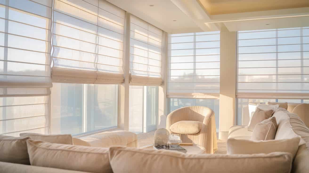 types of window coverings shown as elegant linen roman shades covering large living room windows allowing warm natural sunlight into modern seating area