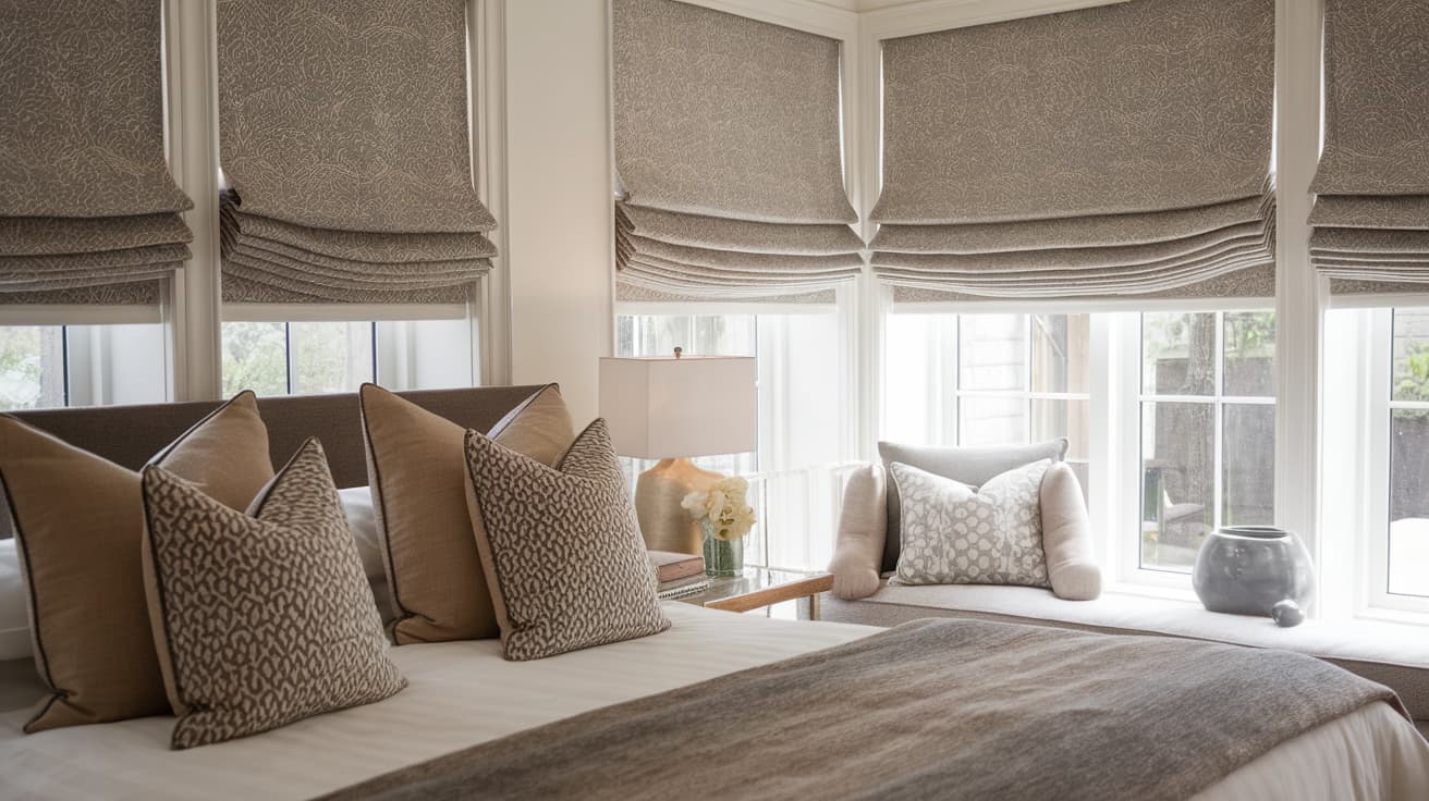 types of window coverings shown as elegant roman shades over bedroom windows with soft natural light cozy bed pillows and seating area