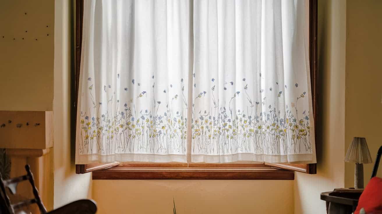 types of window coverings shown as light sheer cafe curtains with delicate floral pattern hanging over small wooden framed window in cozy room