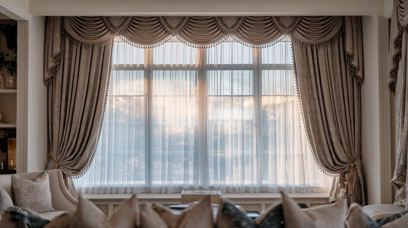 types of window coverings shown as luxurious layered drapes and sheer curtains framing large living room window allowing soft natural light into elegant interior space