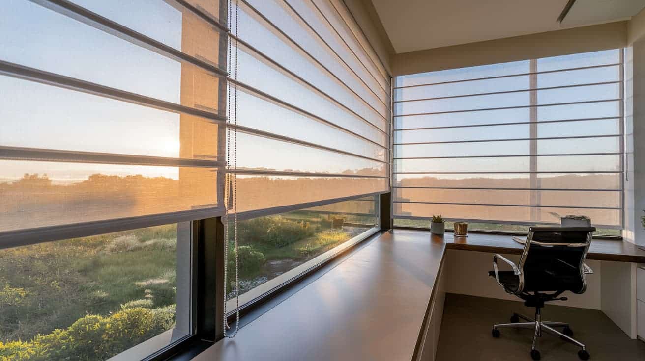 types of window coverings shown as modern layered zebra shades filtering warm sunlight through large office windows beside minimalist desk and chair