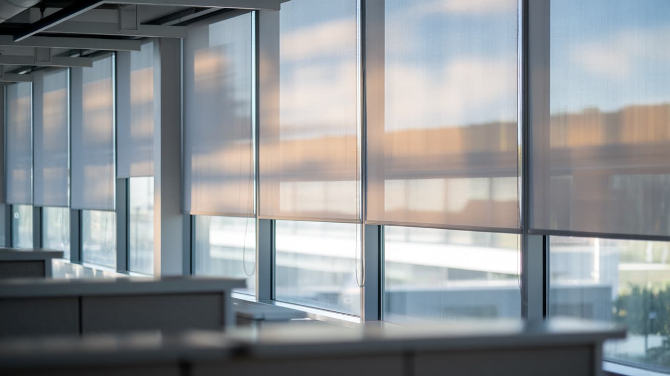 types of window coverings shown as modern roller shades covering large office windows with soft sunlight filtering into workspace