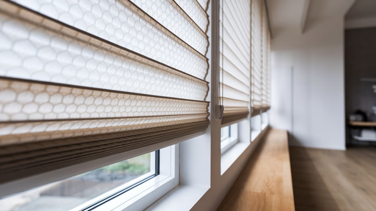 types of window coverings shown as modern cellular honeycomb shades installed on wide windows allowing soft light into minimal interior space