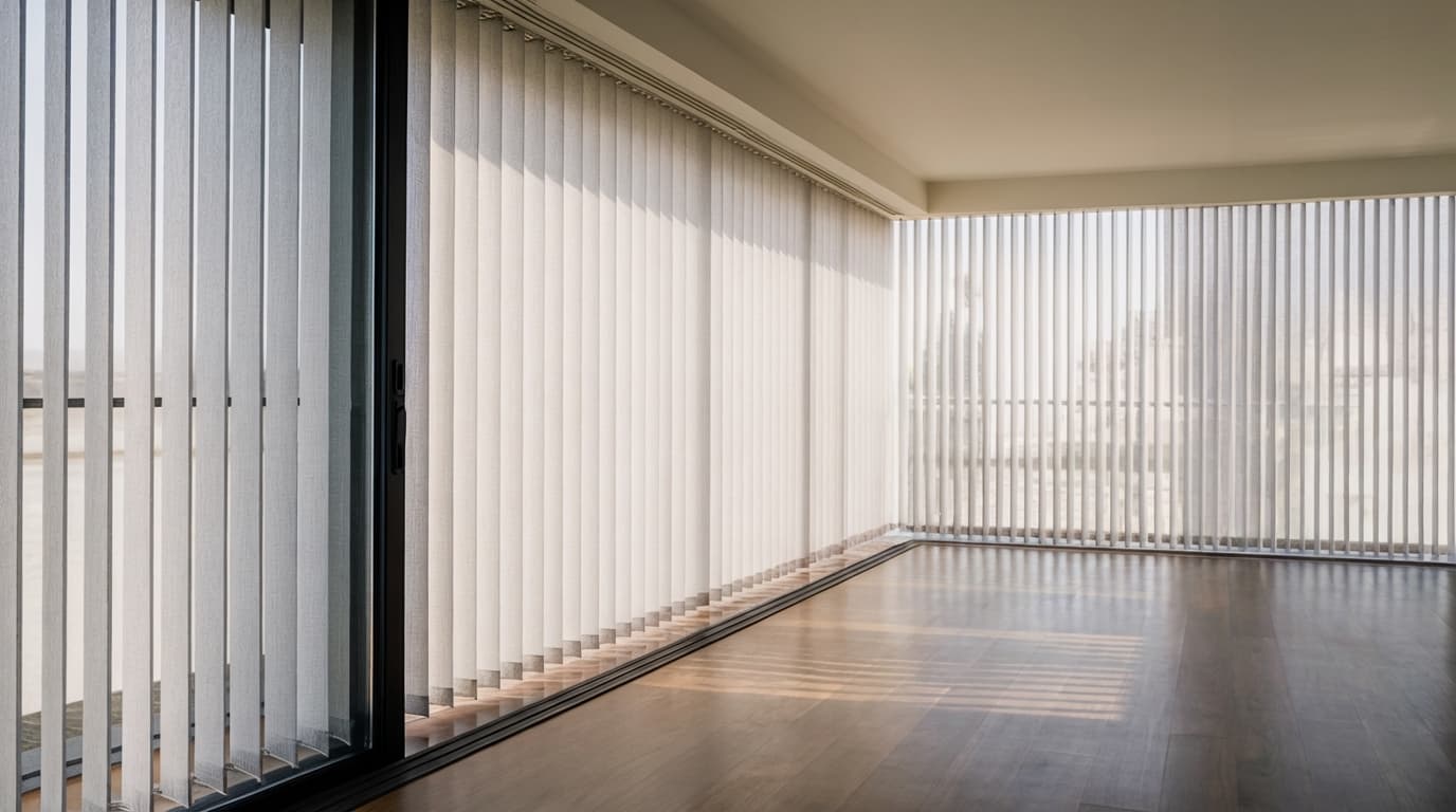 types of window coverings shown as vertical blinds covering large floor to ceiling windows allowing filtered sunlight into modern minimal interior space