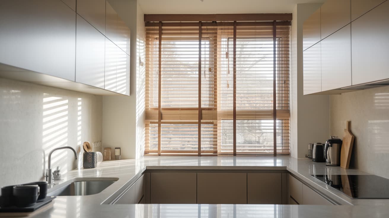 types of window coverings shown as wooden venetian blinds filtering sunlight through modern kitchen window above countertop and sink