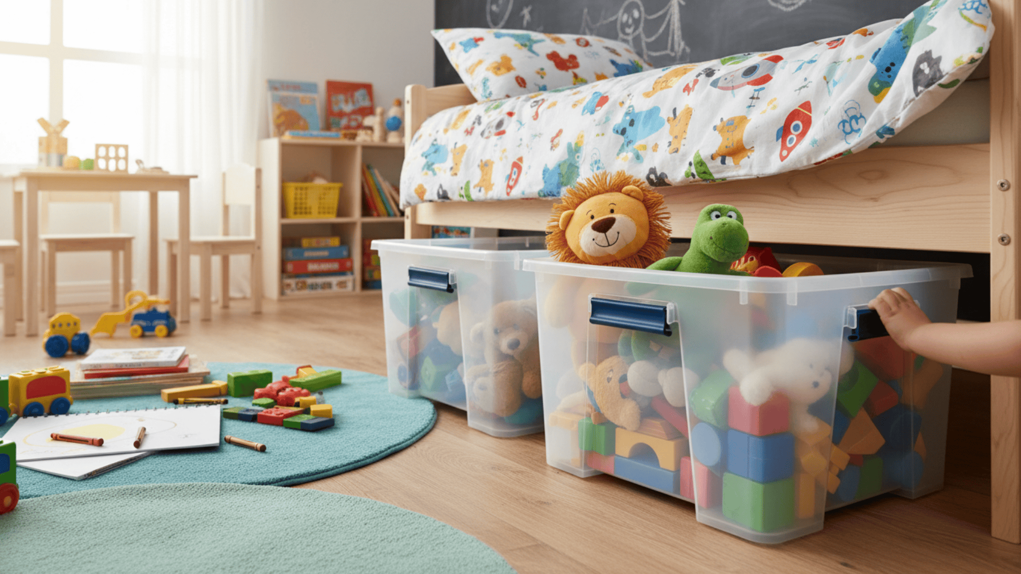 under bed storage bins with toys and blocks for kids playroom storage ideas neat and space saving setup