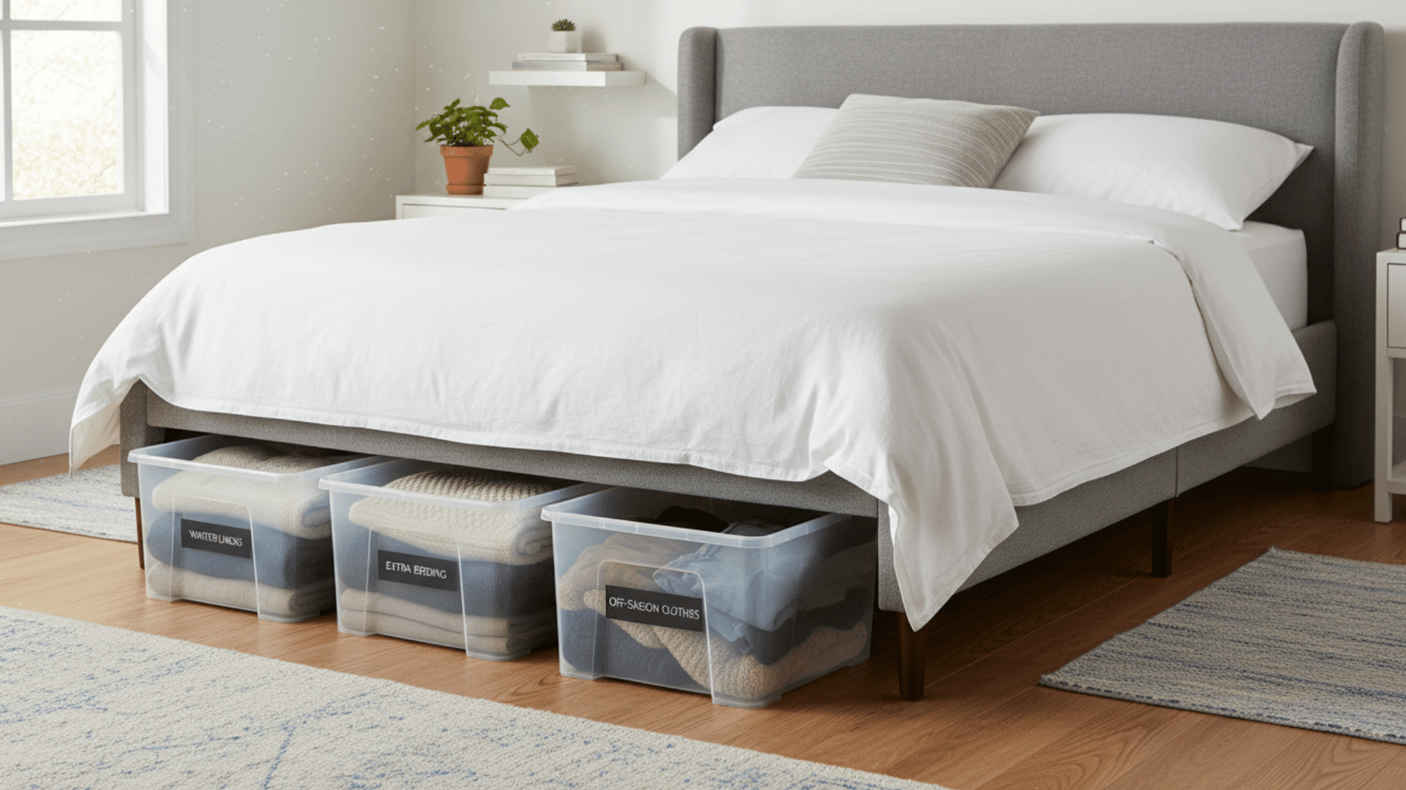 under bed storage boxes with folded blankets and clothes for simple bedroom organization idea