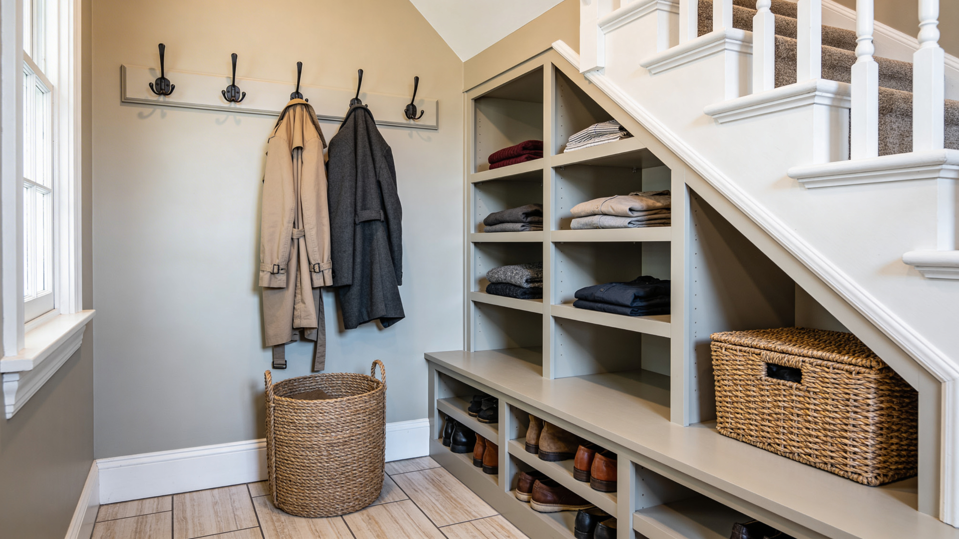 under stairs storage with shelves hooks and shoe space