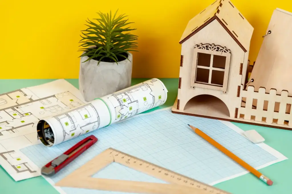 Miniature wooden house model and architectural blueprints on desk with yellow background