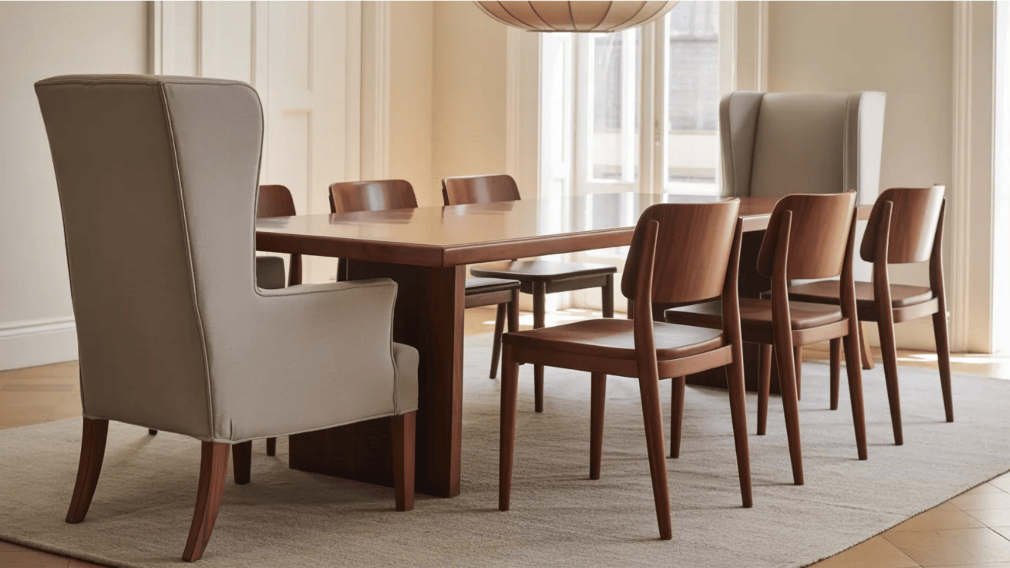 upholstered host chair and wooden dining chairs arranged around a rectangular table in a bright transitional dining room