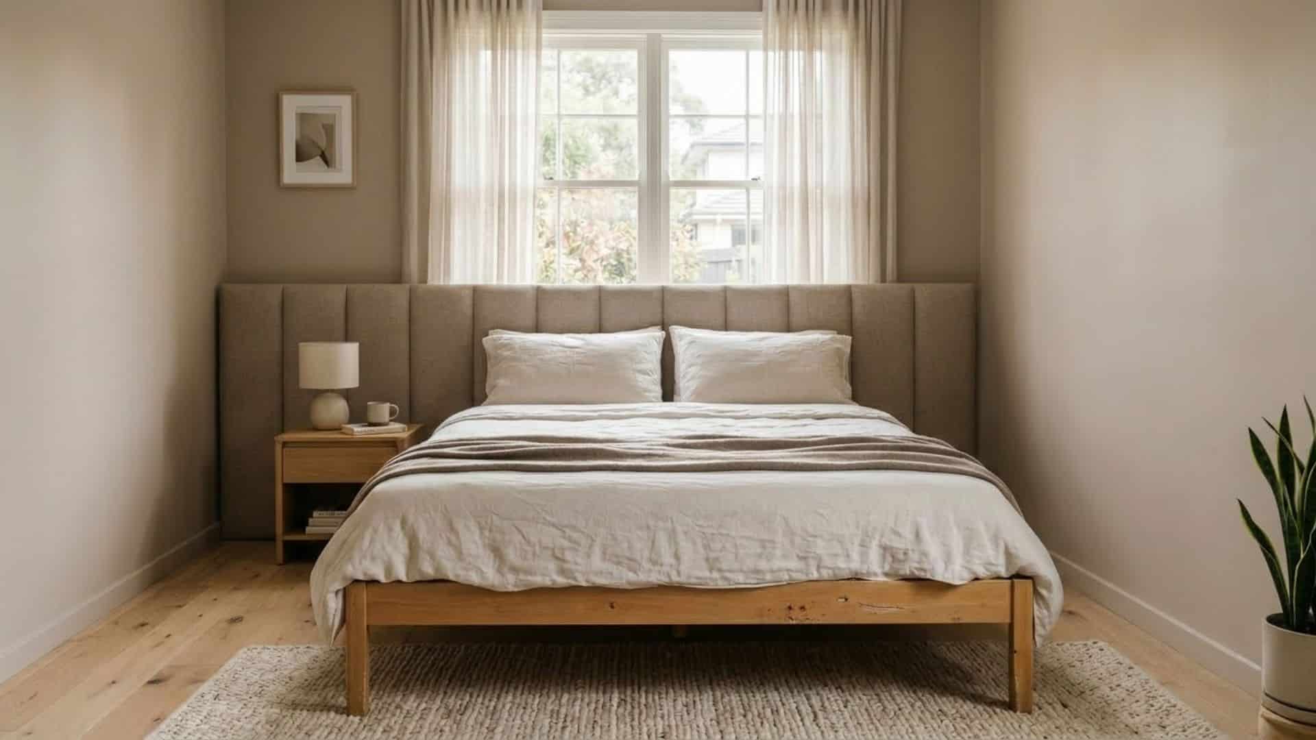 upholstered panel behind bed in front of window with off white bedding soft light minimal pillows cozy bedroom design